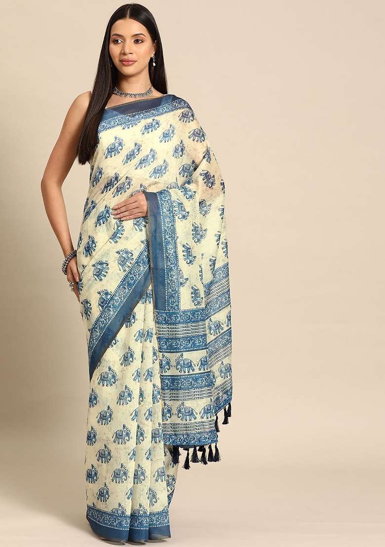 White Embroidered Blended Saree Set - Indya