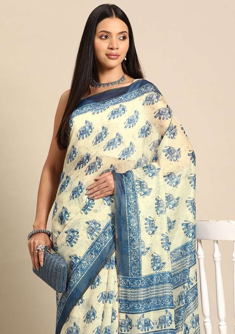 White Embroidered Blended Saree Set - Indya