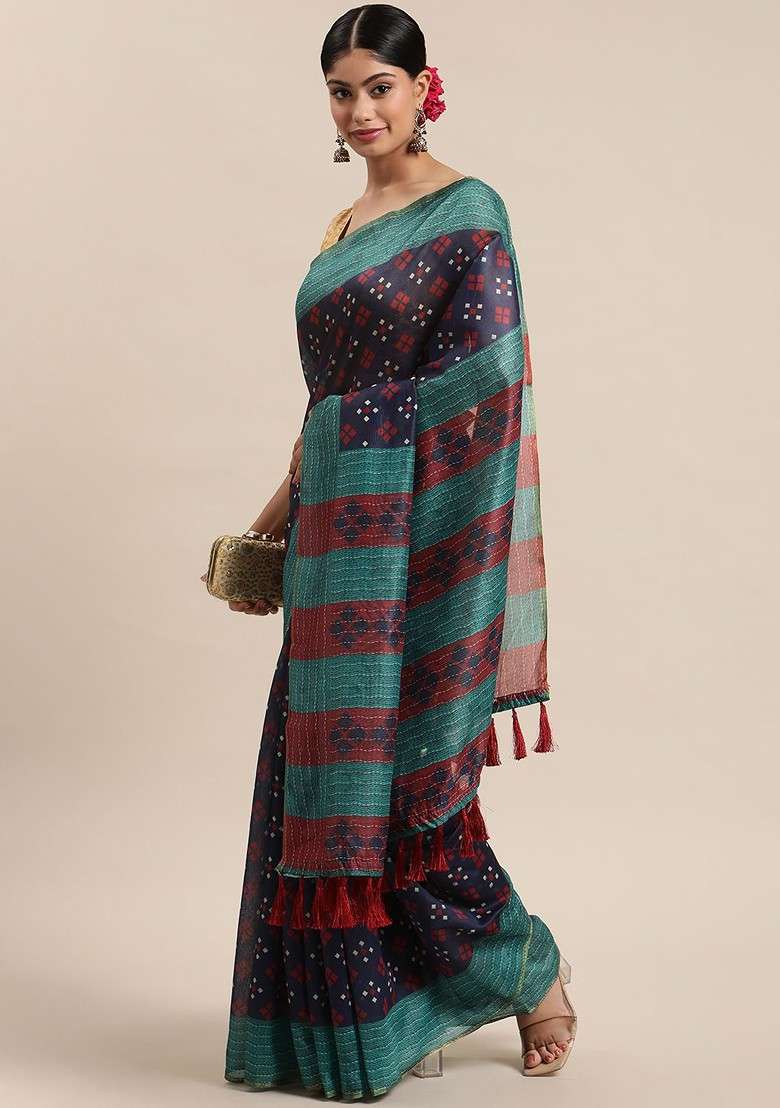 Navy Blue Printed Blended Saree Set - Indya