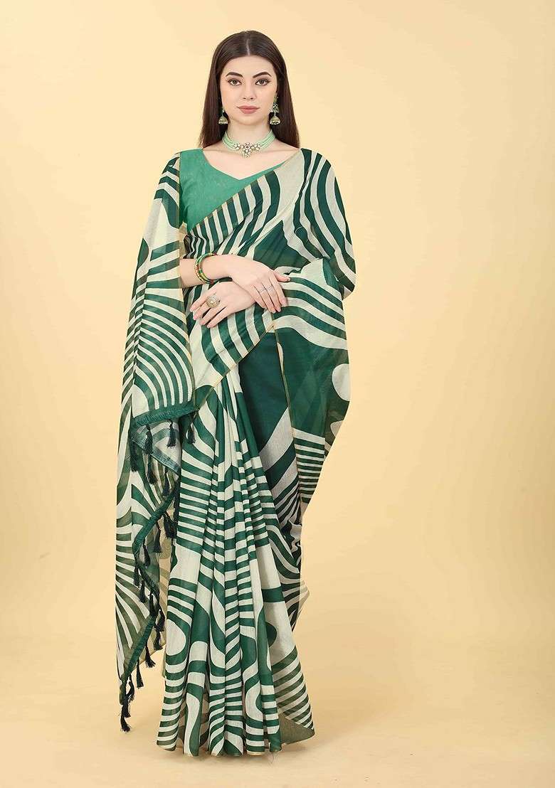 White Blended Saree Set with Embroidered for Diwali | Wedding & Festive Wear - Indya