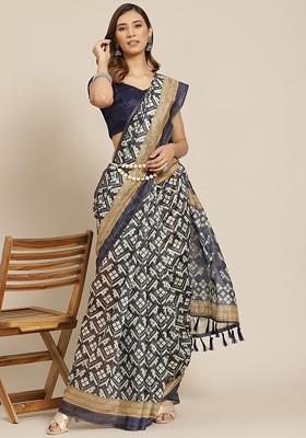 Black Printed Blended Saree Set