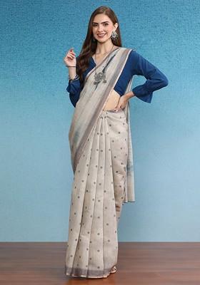 Beige Embroidered Blended Saree Set