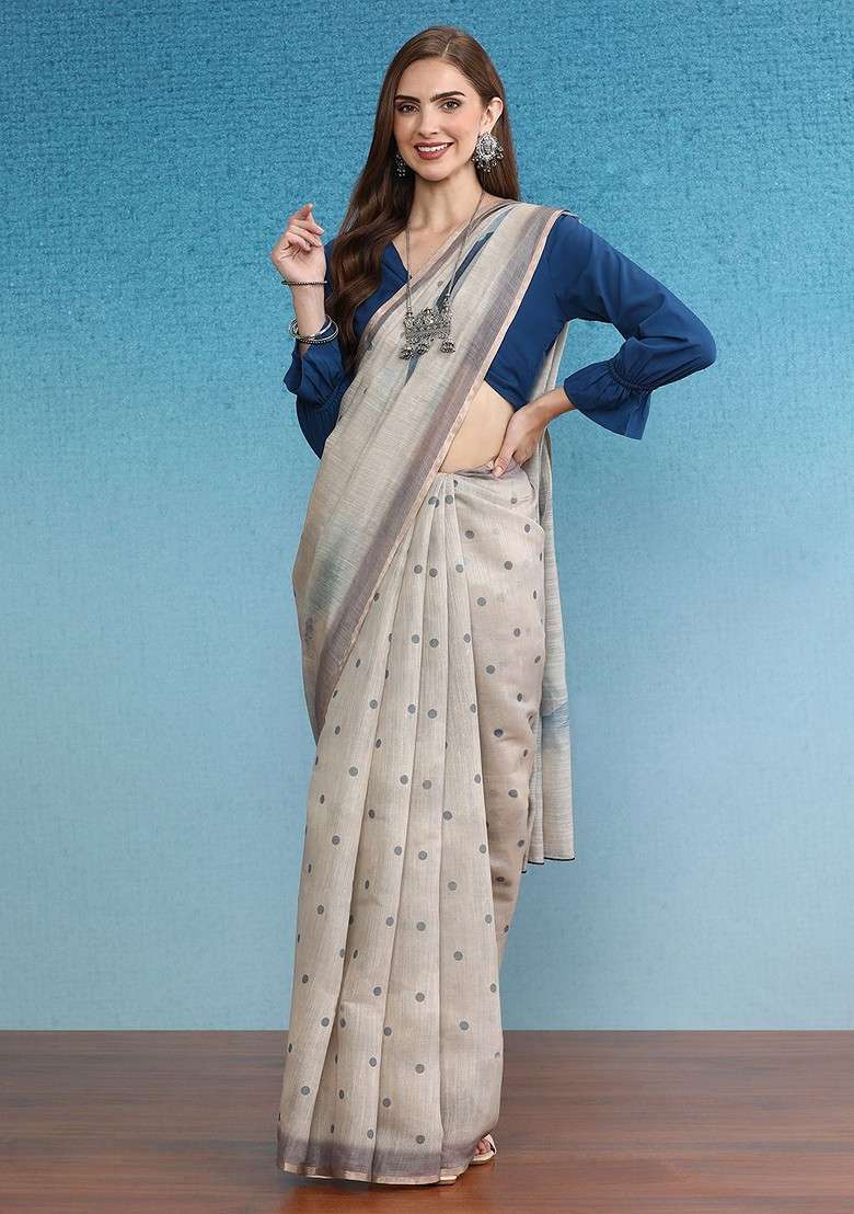 Beige Blended Saree Set with Embroidered for Diwali | Wedding & Festive Wear - Indya