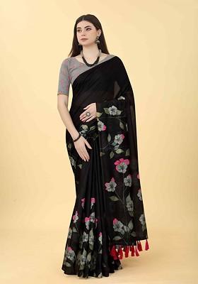 Black Printed Blended Saree Set