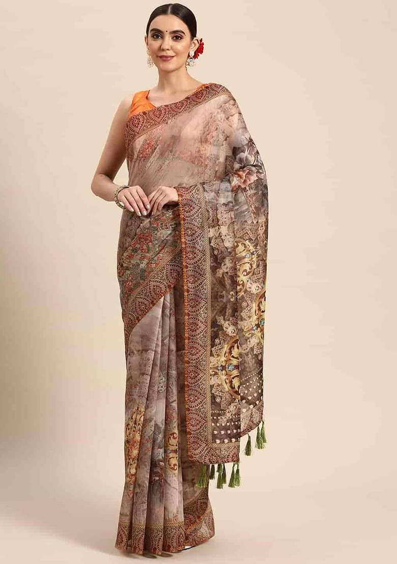 Beige Embroidered Blended Saree Set - Indya