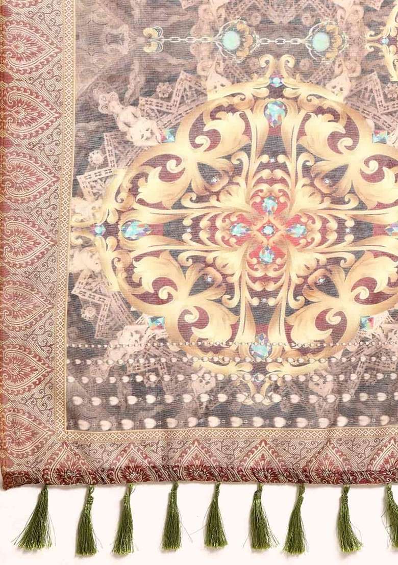 Beige Embroidered Blended Saree Set - Indya