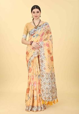 Orange Printed Blended Saree Set
