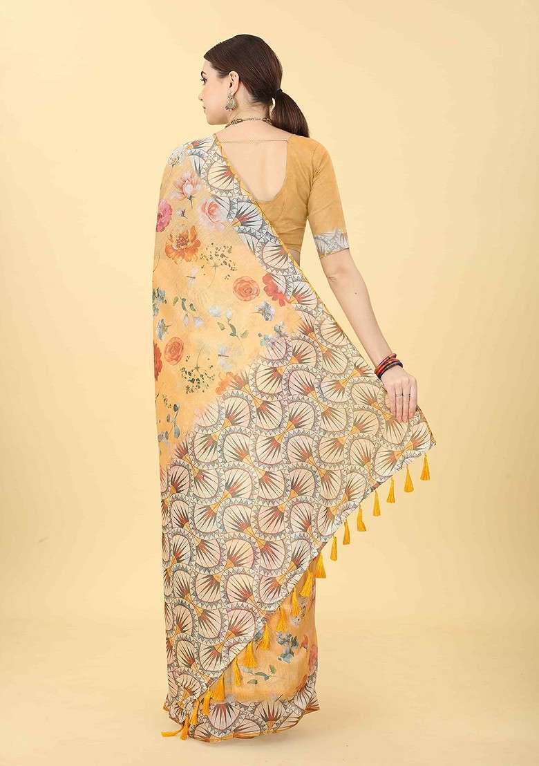 Orange Blended Saree Set with Printed for Diwali | Wedding & Festive Wear - Indya