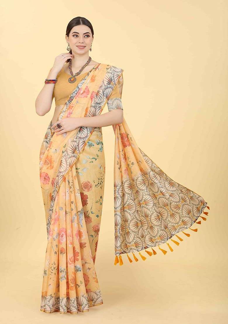 Orange Blended Saree Set with Printed for Diwali | Wedding & Festive Wear - Indya