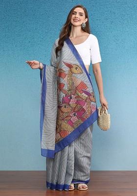 Grey Printed Blended Saree Set