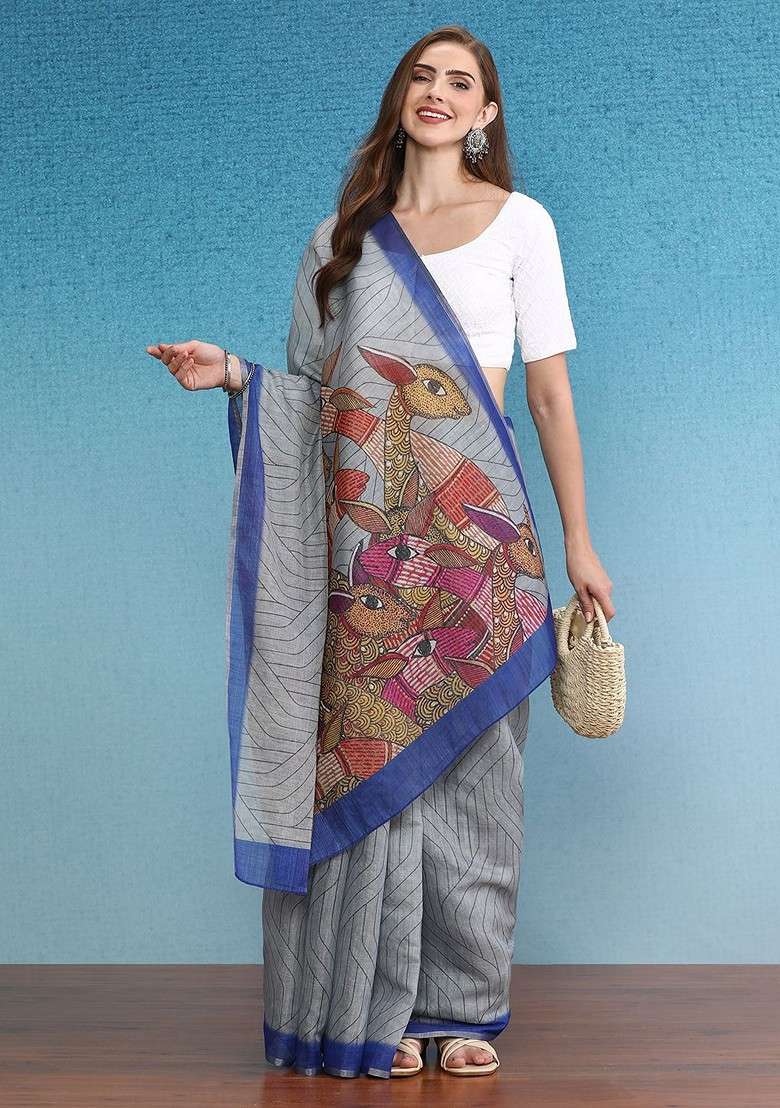 Grey Blended Saree Set with Printed for Diwali | Wedding & Festive Wear - Indya