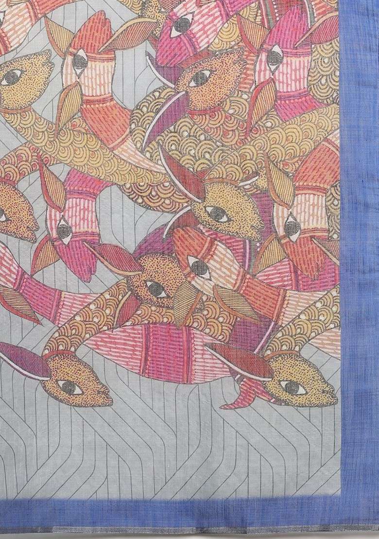 Grey Blended Saree Set with Printed for Diwali | Wedding & Festive Wear - Indya