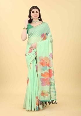 Sea Green Embroidered Blended Saree Set