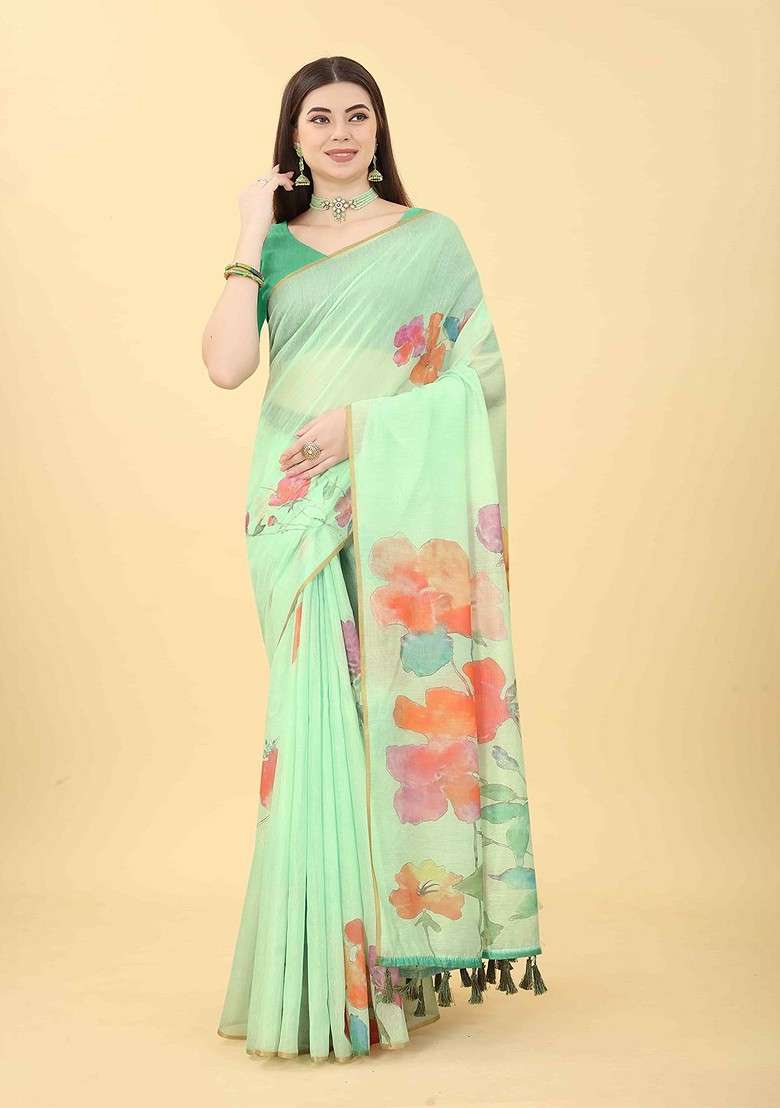 Sea Green Blended Saree Set with Embroidered for Diwali | Wedding & Festive Wear - Indya