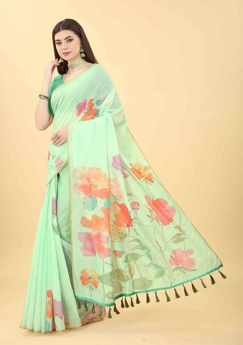 Sea Green Blended Saree Set with Embroidered for Diwali | Wedding & Festive Wear - Indya