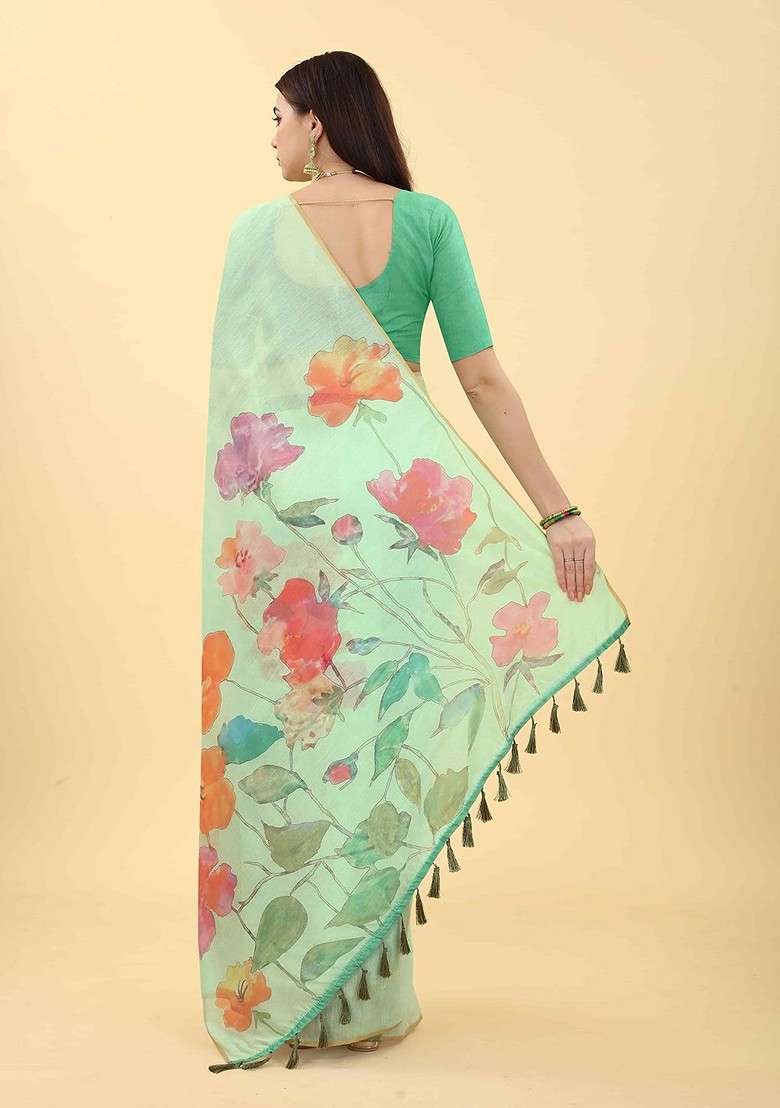 Sea Green Blended Saree Set with Embroidered for Diwali | Wedding & Festive Wear - Indya