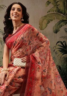 Peach Embroidered Blended Saree Set
