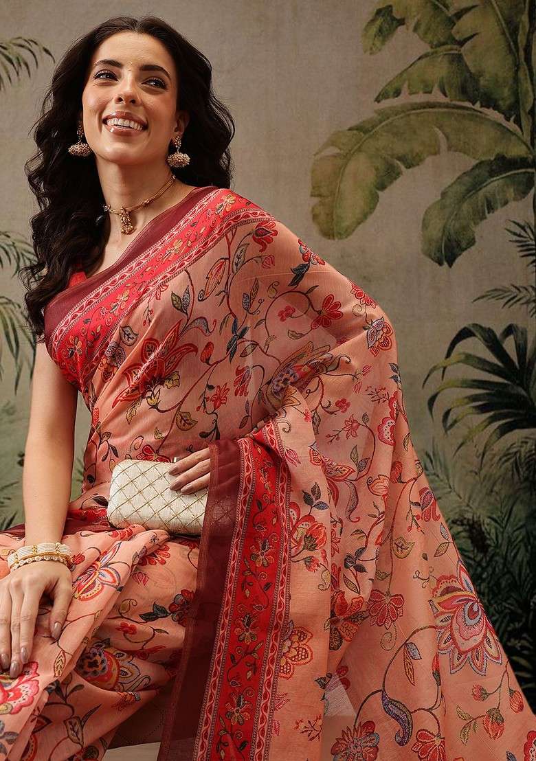 Peach Embroidered Blended Saree Set - Indya