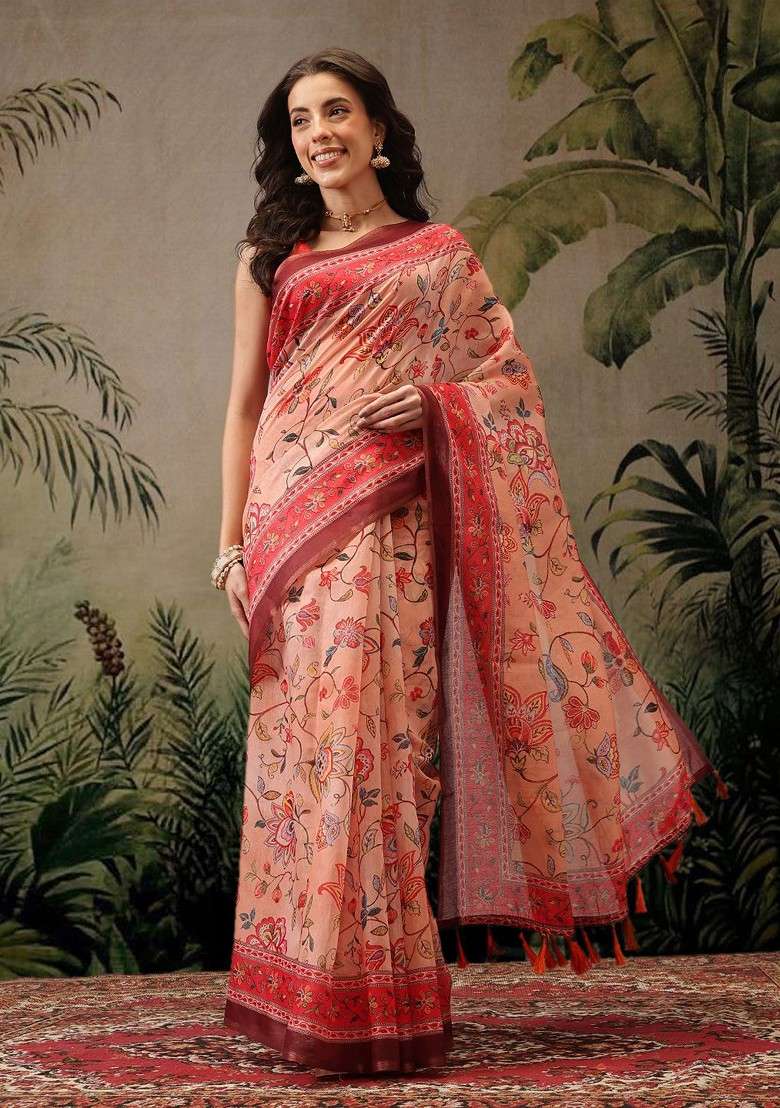 Peach Embroidered Blended Saree Set - Indya