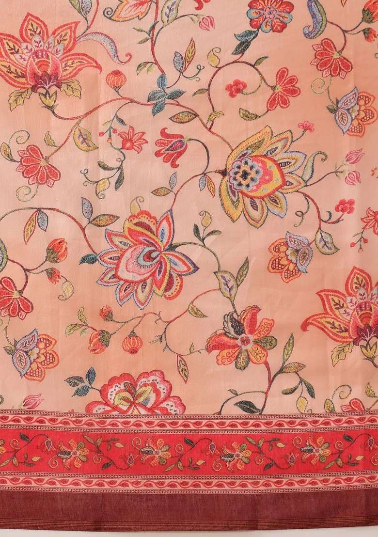 Peach Embroidered Blended Saree Set - Indya