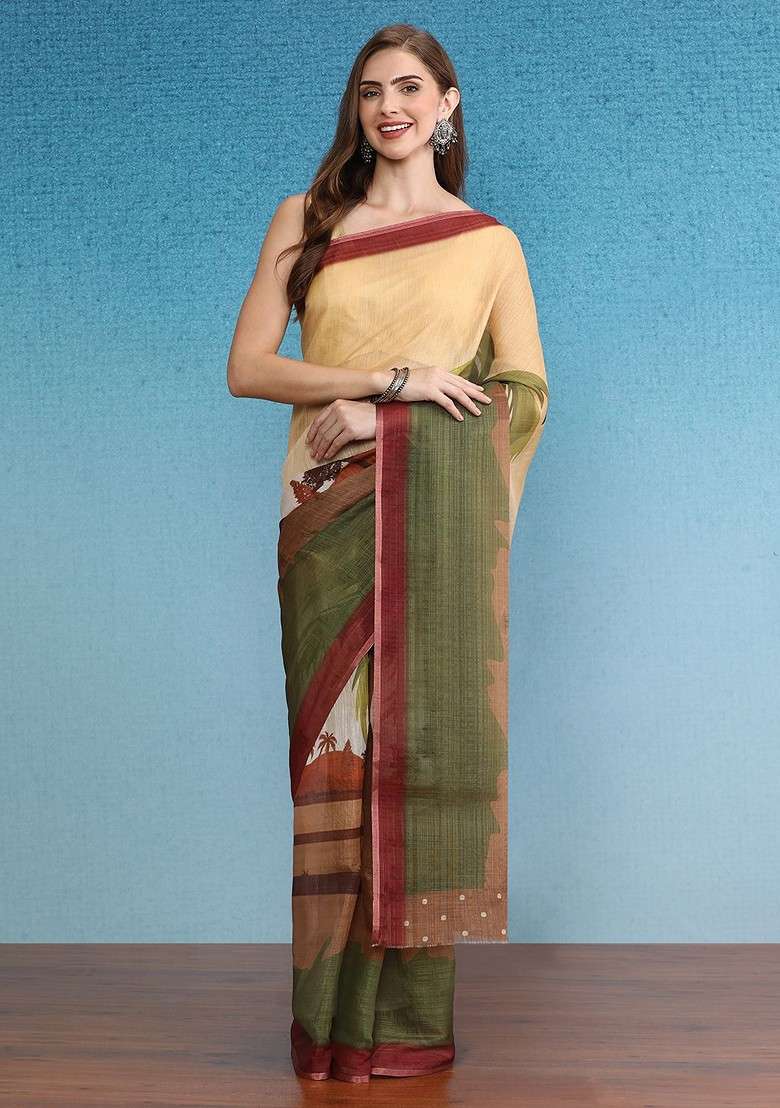 Cream Printed Blended Saree Set - Indya