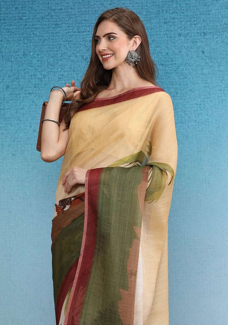Cream Printed Blended Saree Set - Indya