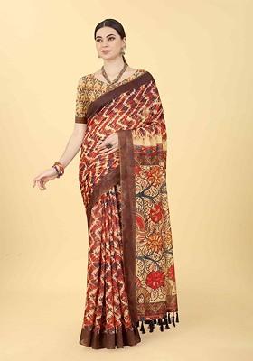 Brown Printed Blended Saree Set