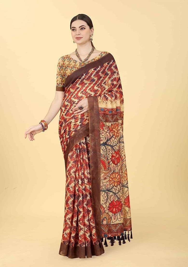 Brown Blended Saree Set with Printed for Diwali | Wedding & Festive Wear - Indya