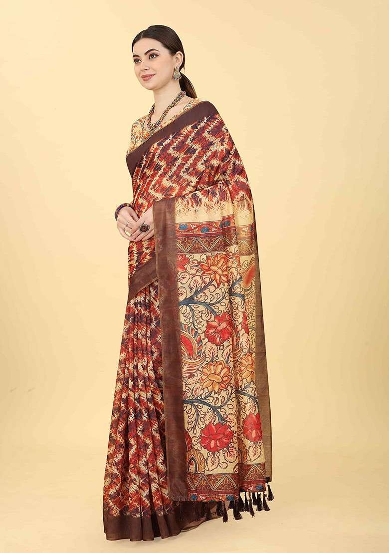 Brown Blended Saree Set with Printed for Diwali | Wedding & Festive Wear - Indya
