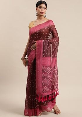 Brown Printed Blended Saree Set