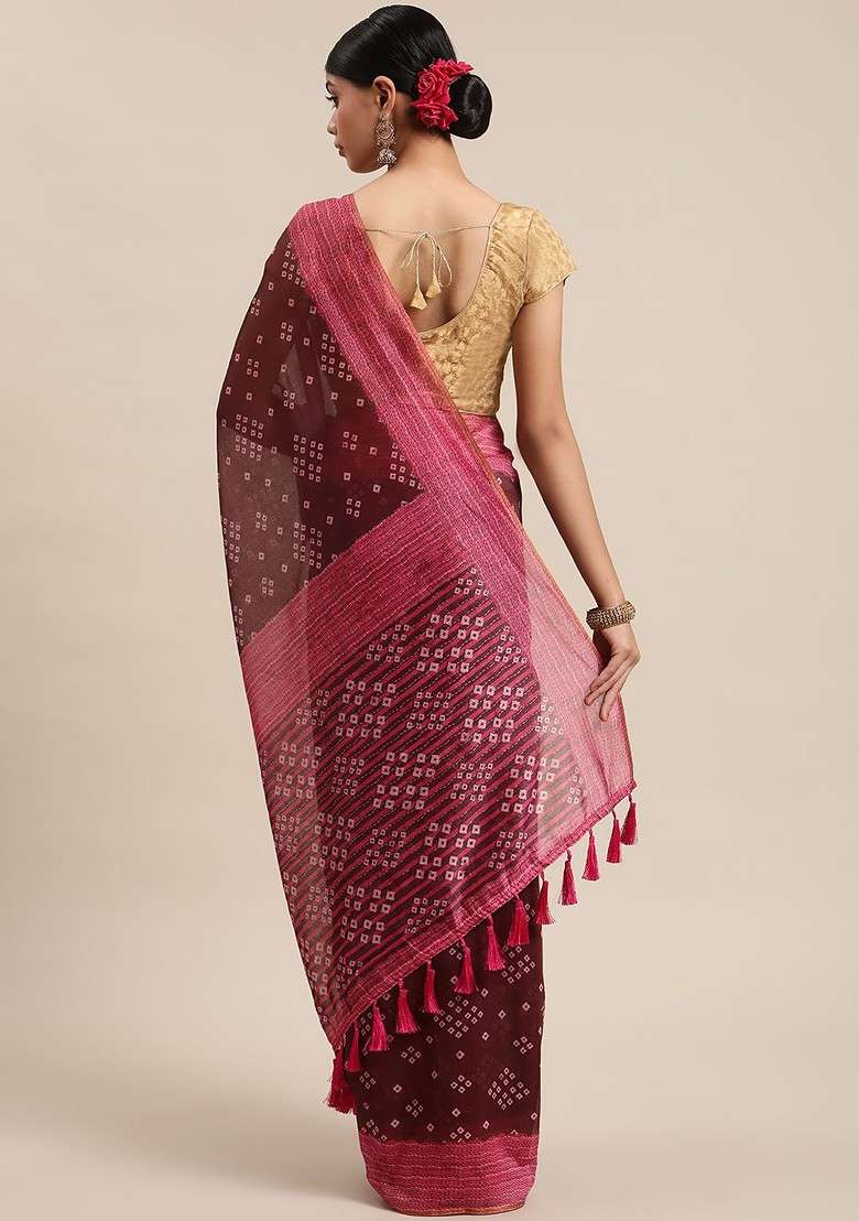 Brown Printed Blended Saree Set - Indya