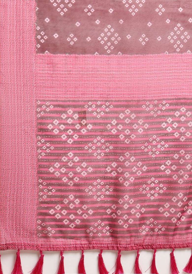 Brown Printed Blended Saree Set - Indya