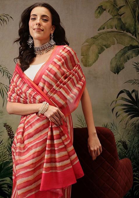 Red Bagru Printed Blended Saree Set — view on Indya