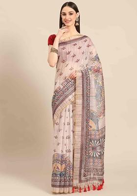 Beige Printed Blended Saree Set