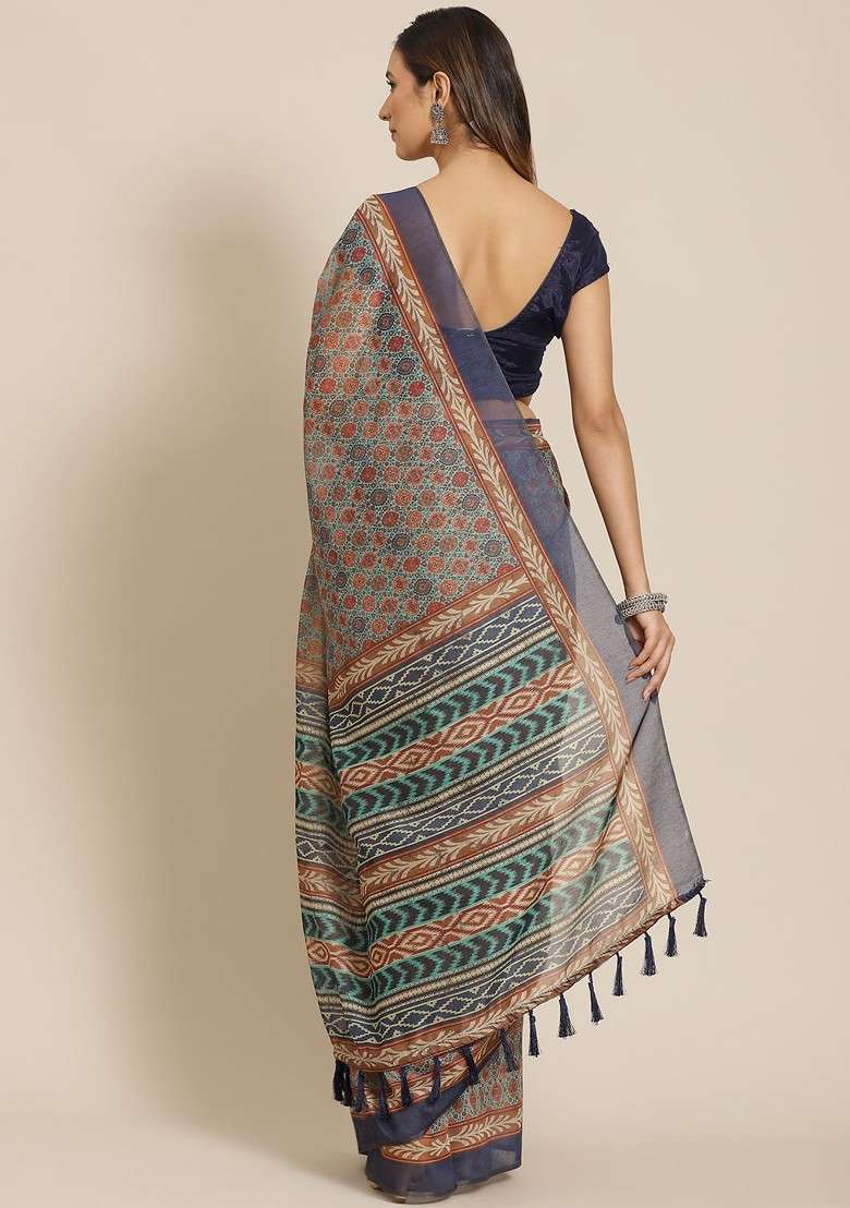 Brown Printed Blended Saree Set - Indya