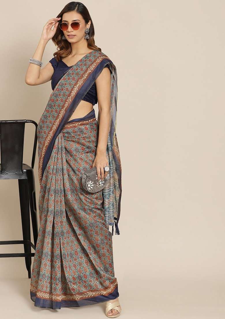 Brown Printed Blended Saree Set - Indya