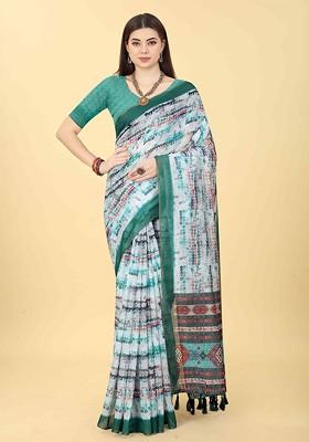 Off White Embroidered Blended Saree Set