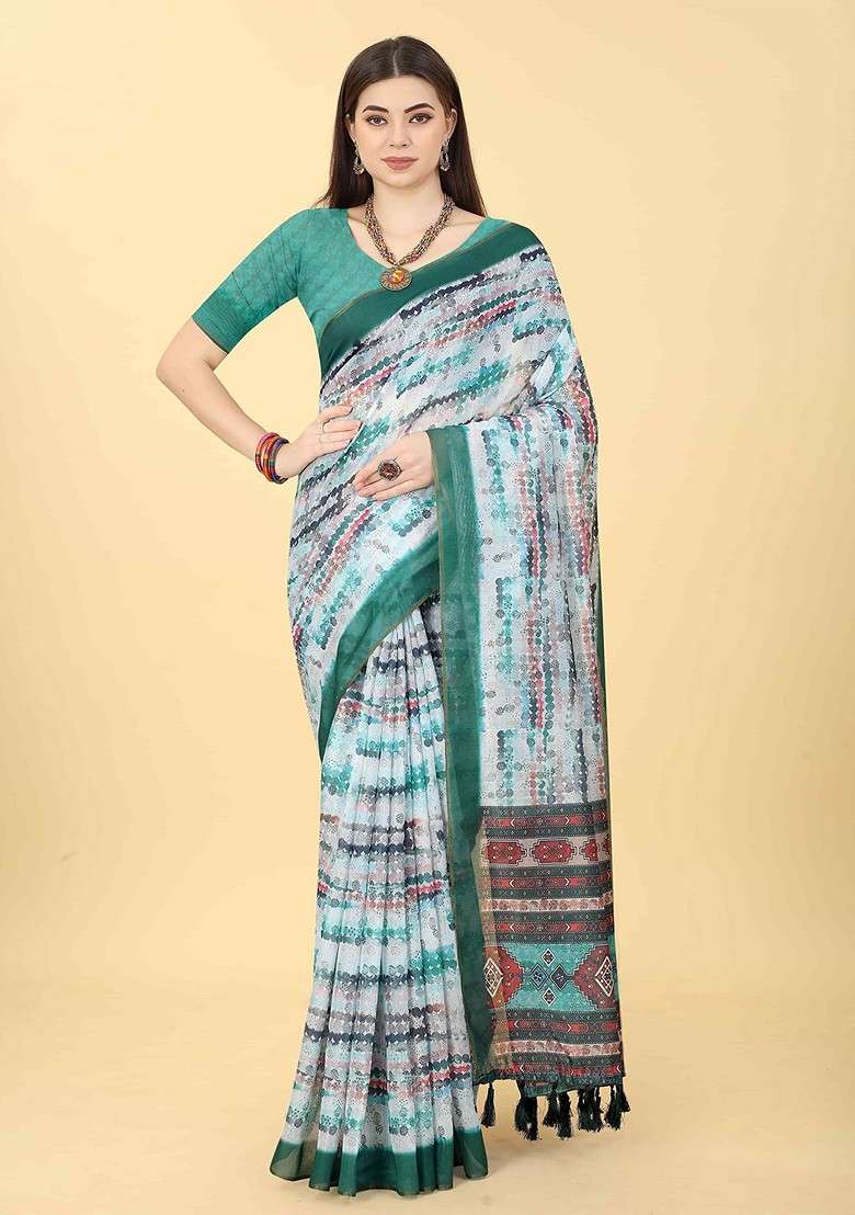 Off White Blended Saree Set with Embroidered for Diwali | Wedding & Festive Wear - Indya