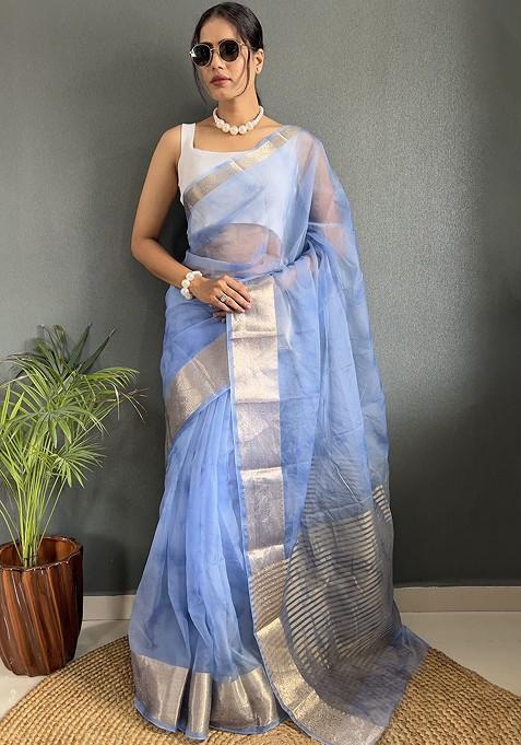 Blue Embroidered Blended Saree Set