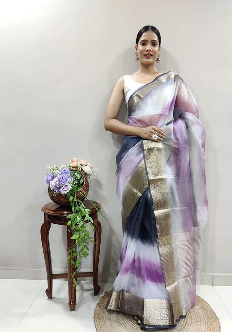 Purple Embroidered Blended Saree Set