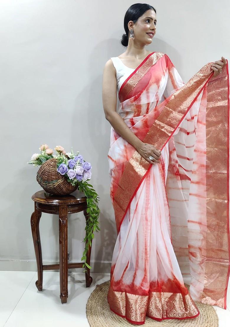 Red Embroidered Blended Saree Set