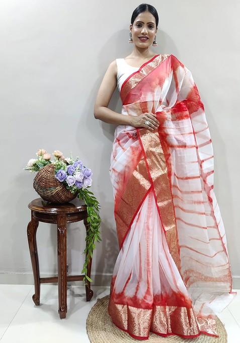 Red Embroidered Blended Saree Set