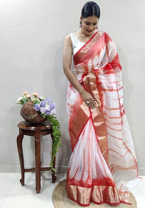 Red Embroidered Blended Saree Set