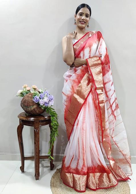Red Embroidered Blended Saree Set