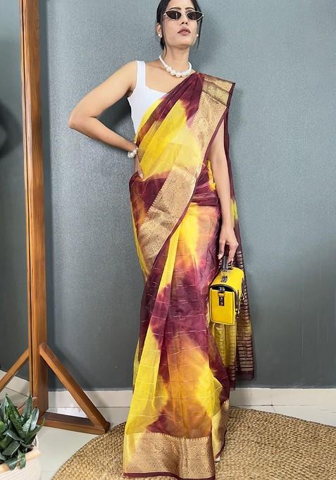 Maroon Embroidered Blended Saree Set