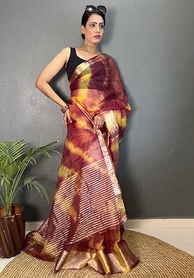 Maroon Embroidered Blended Saree Set