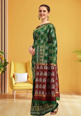 Lime Green Embroidered Blended Saree Set