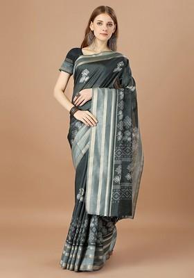 Grey Printed Blended Saree Set