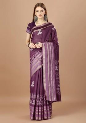 Magenta Printed Blended Saree Set