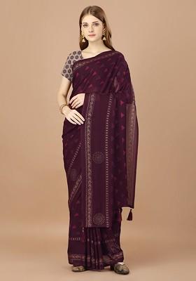 Magenta Printed Blended Saree Set
